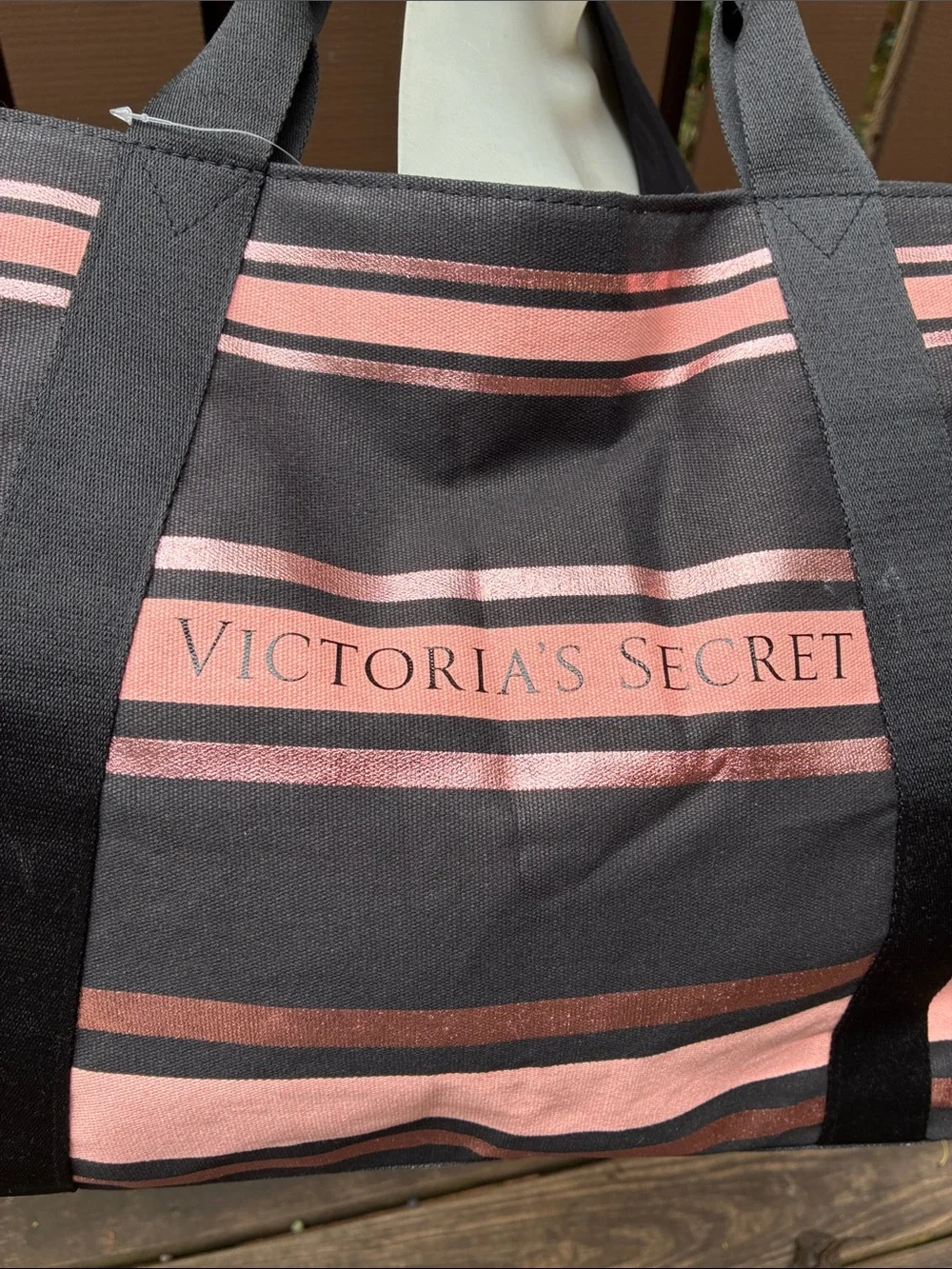 NWT Victoria's Secret Black & Pink Striped Tote Bag